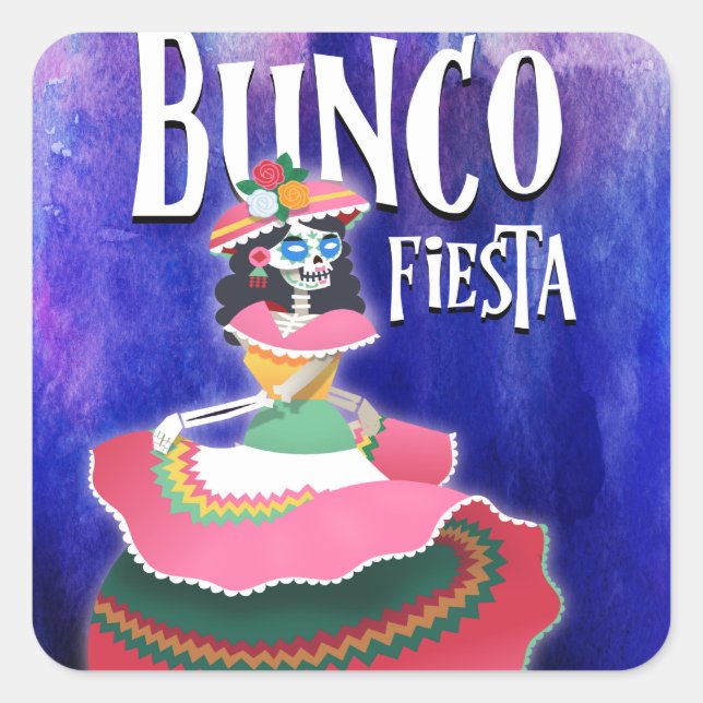 Bunco Fiesta Party Theme Day of The Dead Skeleton Square Sticker (Front)