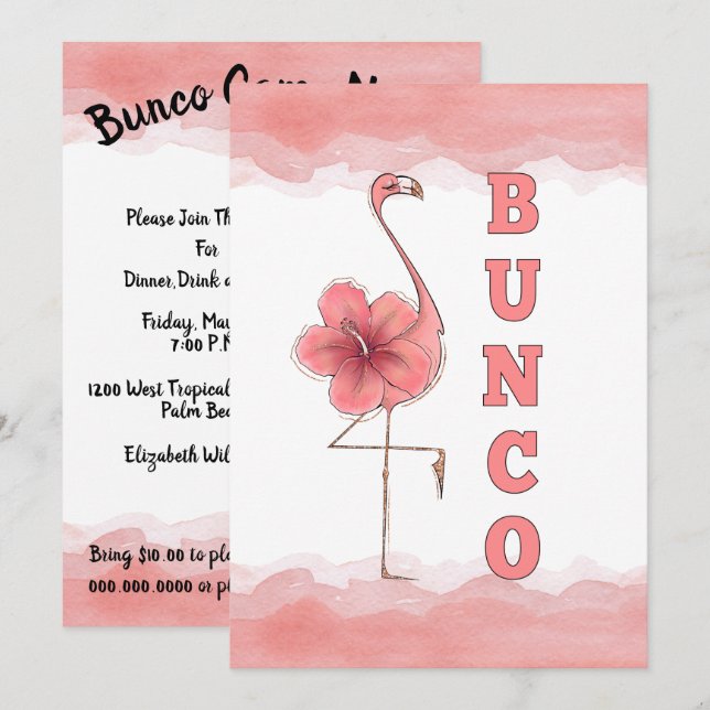 Bunco Game Girls Night Out Tropical Pink Flamingo Invitation (Front/Back)