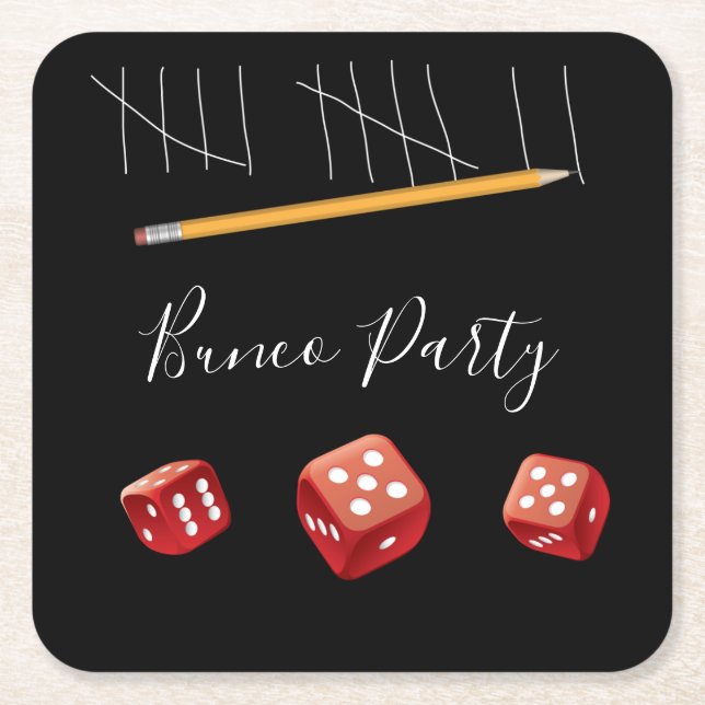 Bunco Game Night Lucky Red Dice Square Paper Coaster (Front)