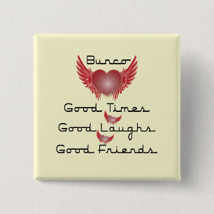 bunco good times with heart and wings 15 cm square badge