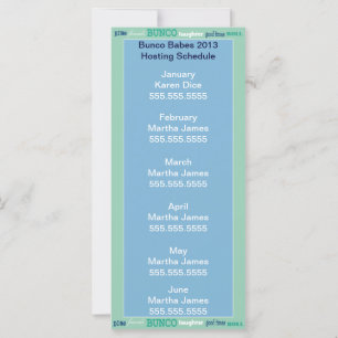 Bunco Hosting Schedule, Calendar or Roster