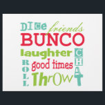 Bunco Paper Placemat<br><div class="desc">Fun multicolor subway art graphic bunco design. Background colour can be changed. Featured are the words friends, bunco, dice, throw, toss, chat, laughter and good times. Makes a great and clever prize or gift. Great for your next Bunco event. Use as a paper place mat for your Bunco events.</div>