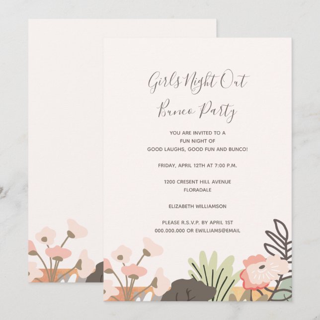 Bunco Party Girls Night Out Floral Modern Script Invitation (Front/Back)