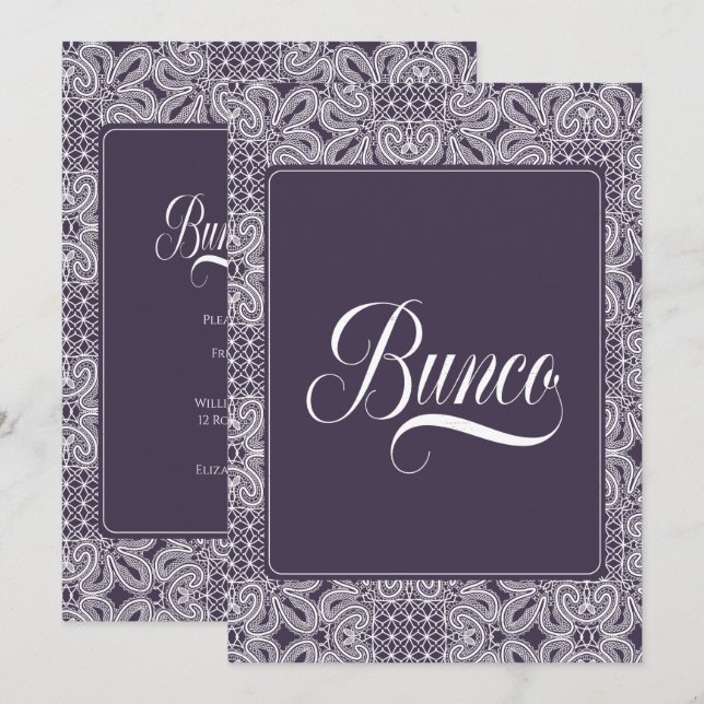 Bunco Party Purple Lace Invitation (Front/Back)
