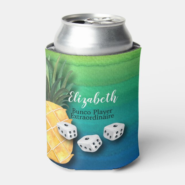 Bunco Player Monogram Beach Pineapple Dice Can Cooler (Can Front)