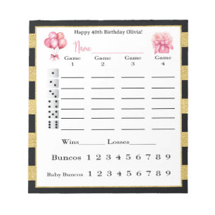 Bunco Score Sheets Black, Gold Birthday Notepad