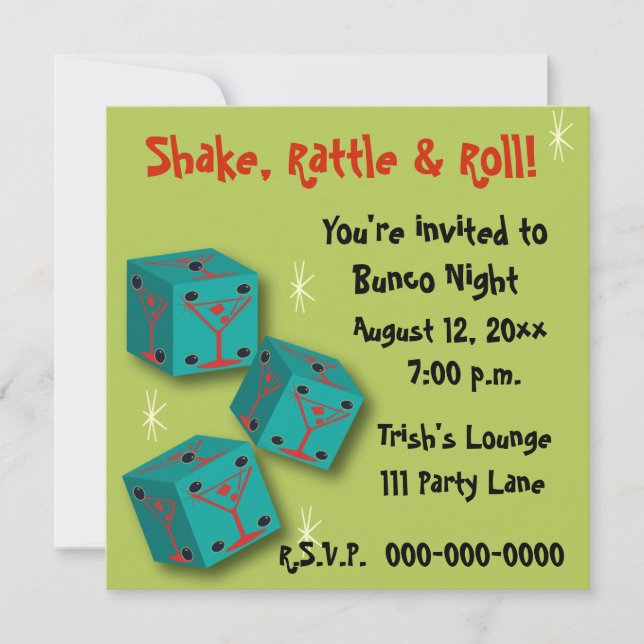 Bunco - Shake, Rattle & Roll Martini Dice Invite (Front)