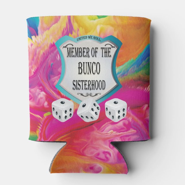 Bunco Sisterhood Pink Rainbow Colours Dice Can Cooler (Back)