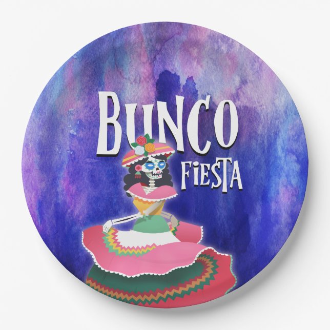 Bunco Skeleton Day of The Dead Fiesta Party Paper Plate (Front)