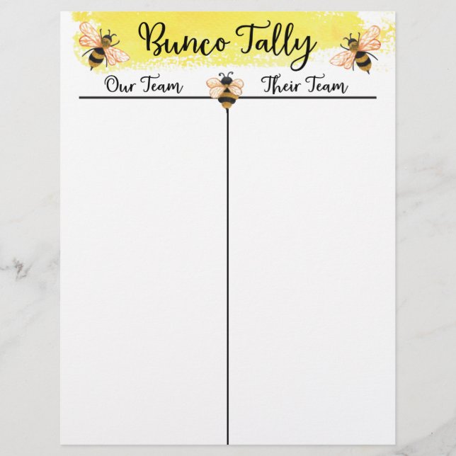 Bunco Tally Score Sheet Bee (Front)