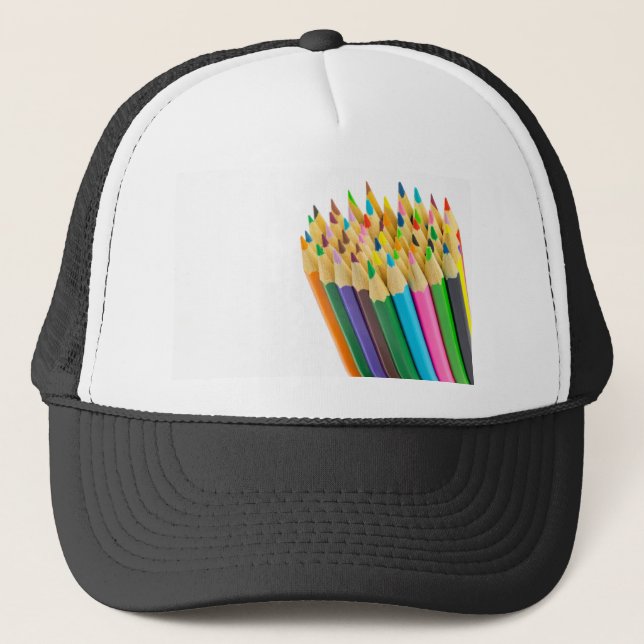 Bundle of coloured pencils on white background.JPG Trucker Hat (Front)