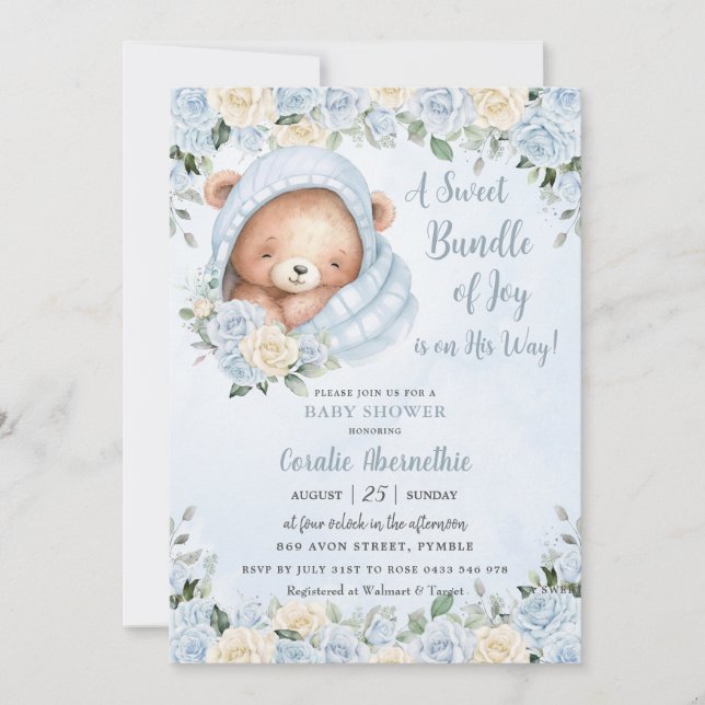 Bundle of Joy Bear Blue Floral Boy Baby Shower Invitation (Front)