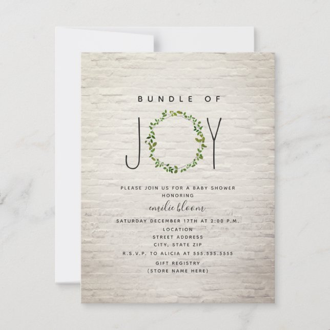 Bundle Of Joy Greenery Wreath Brick Baby Shower Invitation (Front)