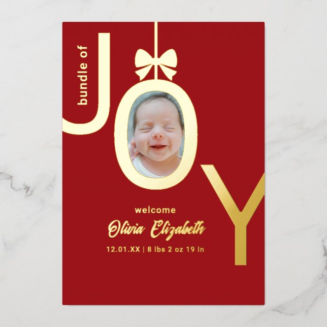 Bundle of JOY Real Gold Foil Photo Birth Holiday Card (Front)