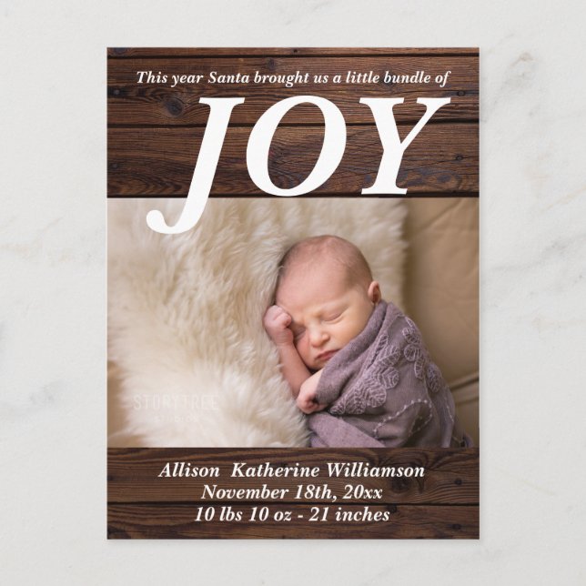 Bundle of Joy Rustic Wood New Baby Christmas Photo Postcard (Front)