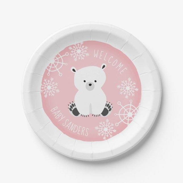 Bundle of Joy Snowflake Winter Pink Baby Shower Paper Plate (Front)