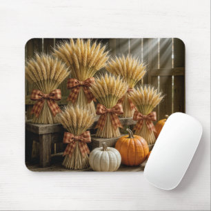Bundled Wheat Sheaves In Barn With Pumpkins Mouse Mat