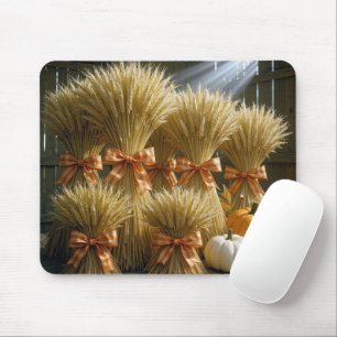 Bundled Wheat Sheaves In Barn With Pumpkins Mouse Mat