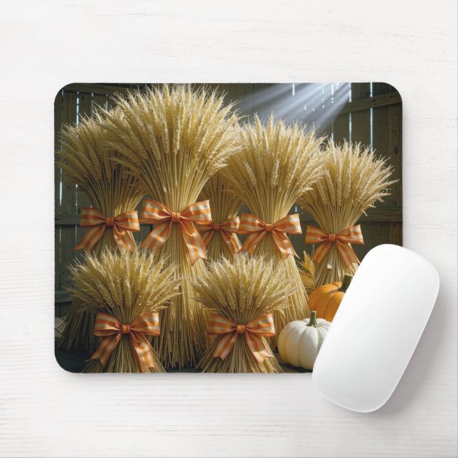 Bundled Wheat Sheaves In Barn With Pumpkins Mouse Mat (With Mouse)