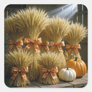 Bundled Wheat Sheaves In Barn With Pumpkins Square Sticker