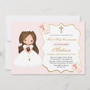 Bunette Girl First Holy Communion Elegant Cute Invitation