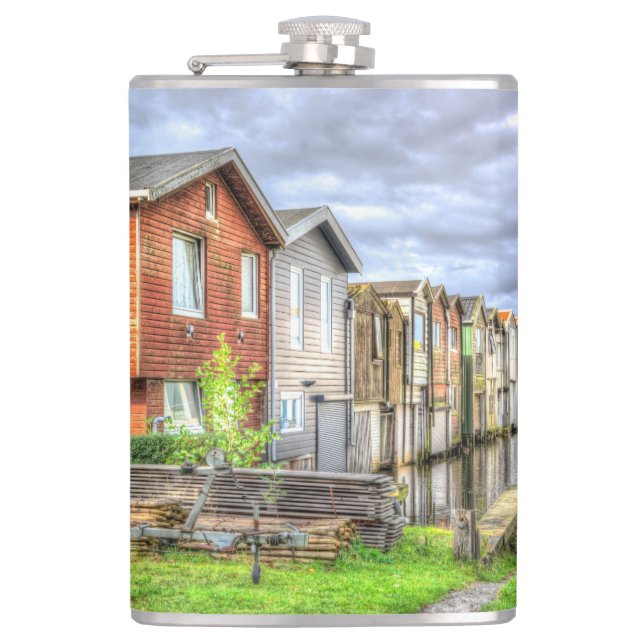 Bungalow Harbour Scenary Boat Landscape            Hip Flask (Front)