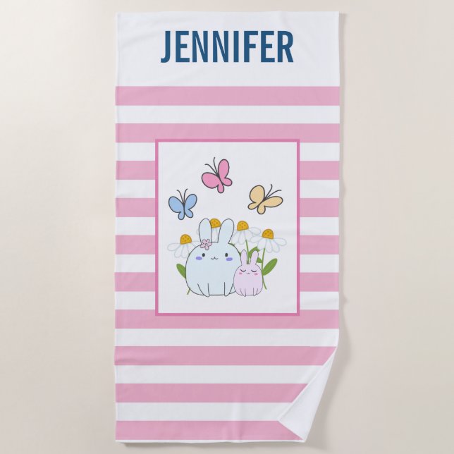 Bunnie Flowers & Butterflies Personalised Beach Towel (Front)