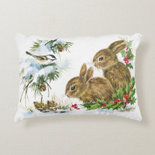 Bunnies and Bird Enjoy Christmas Snow Decorative Cushion