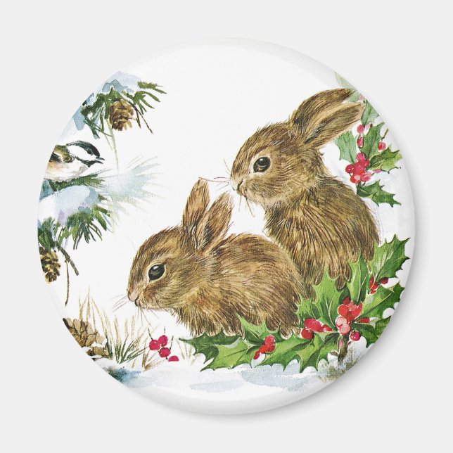 Bunnies and Bird Enjoy Christmas Snow Magnet (Front)