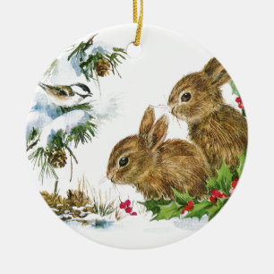 Bunnies and Bird Enjoy Snow Ceramic Tree Decoration