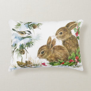 Bunnies and Bird Enjoy Snow Christmas Decor Pillow