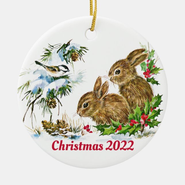 Bunnies and Bird Enjoy Snow Custom Christmas Ceramic Tree Decoration (Front)