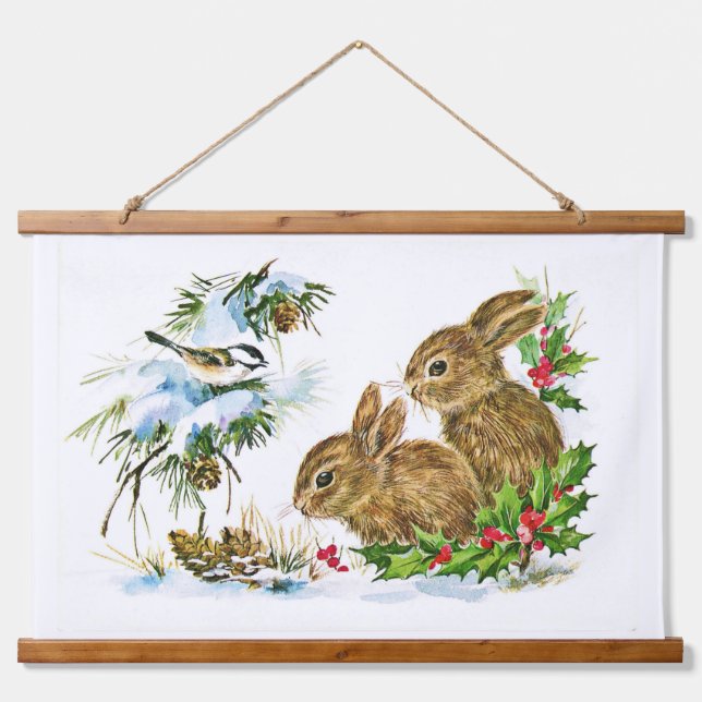 Bunnies and Bird Enjoy Snow  Hanging Tapestry (Front)