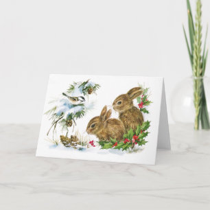Bunnies and Bird Enjoy Snow Holiday Card