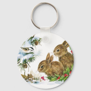 Bunnies and Bird Enjoy Snow Key Ring