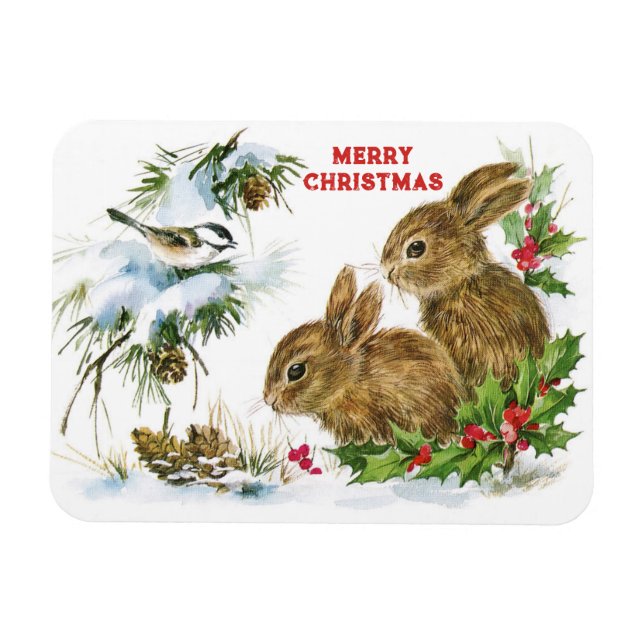 Bunnies and Bird Enjoy Snow Merry Christmas Magnet (Horizontal)