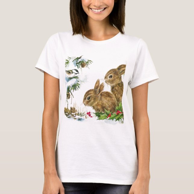 Bunnies and Bird Enjoy Snow T-Shirt (Front)