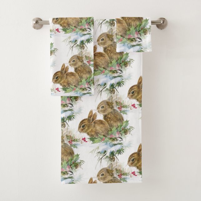 Bunnies and Bird in Snow Christmas Bath Towel Set (Insitu)