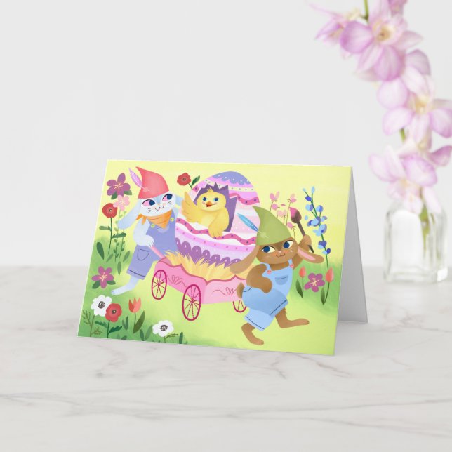 Bunnies and Chick Happy Easter  Card (Orchid)