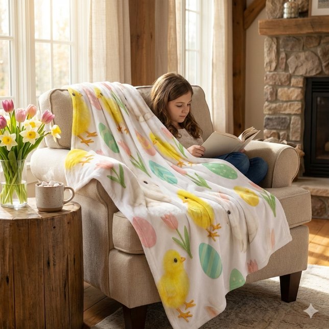 Bunnies and Chicks Pattern Fleece Blanket (Cozy moments are enhanced by reading a book by the fire and using a warm, springtime fleece blanket)