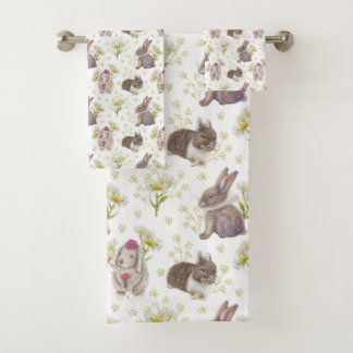 Bunnies and Daisies Pattern on White Towel Set