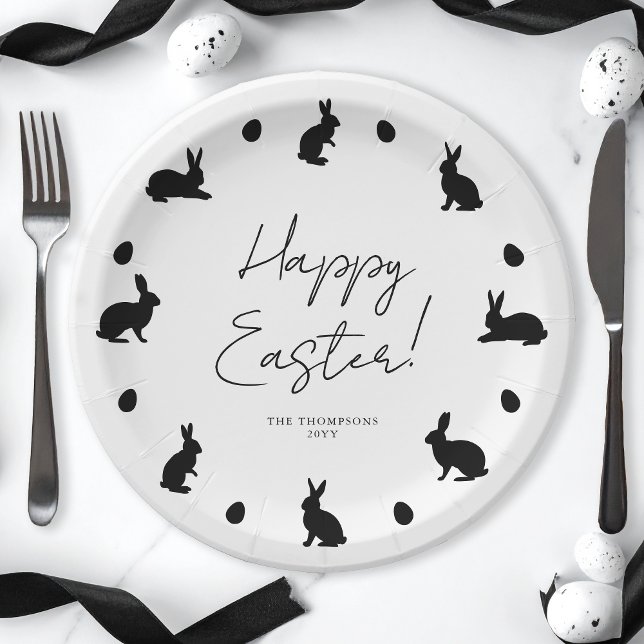 Bunnies And Eggs In Black Modern Happy Easter Paper Plate (Creator Uploaded)