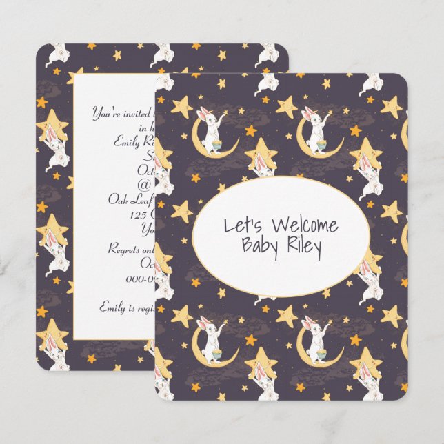 Bunnies and Gold Stars on Grey   Invitation (Front/Back)