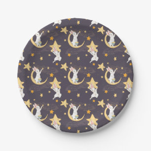 Bunnies and Gold Stars on Grey Paper Plate