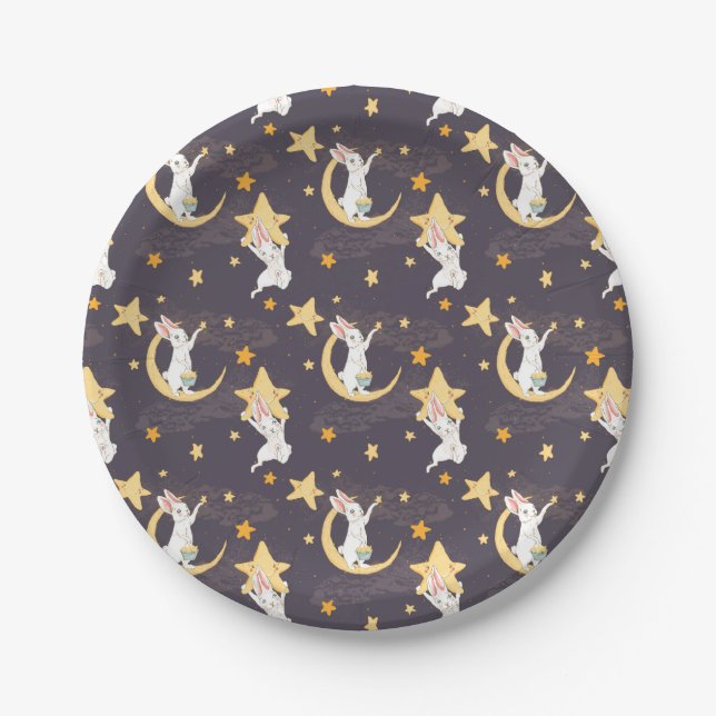 Bunnies and Gold Stars on Grey Paper Plate (Front)