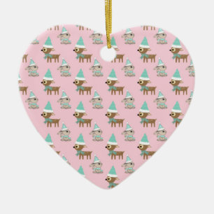 Bunnies and Reindeer over Pale Pink Holiday Art Ceramic Tree Decoration