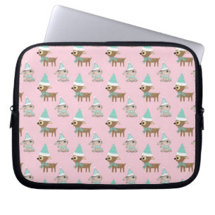 Bunnies and Reindeer over Pale Pink Holiday Art Laptop Sleeve