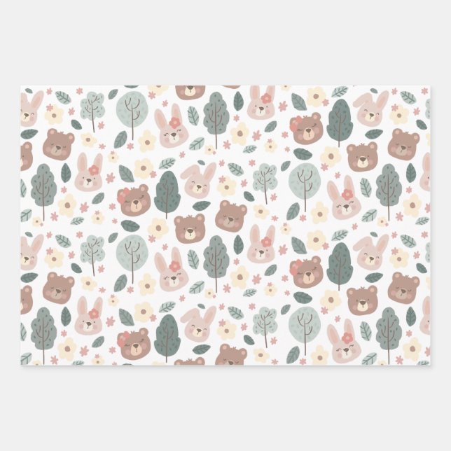 Bunnies & bears Wrapping Paper Flat Sheet Set of 3 (Front)