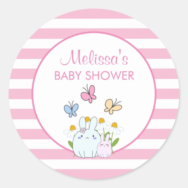 Bunnies, Butterflies & Daisies Baby Shower Classic Round Sticker (Front)