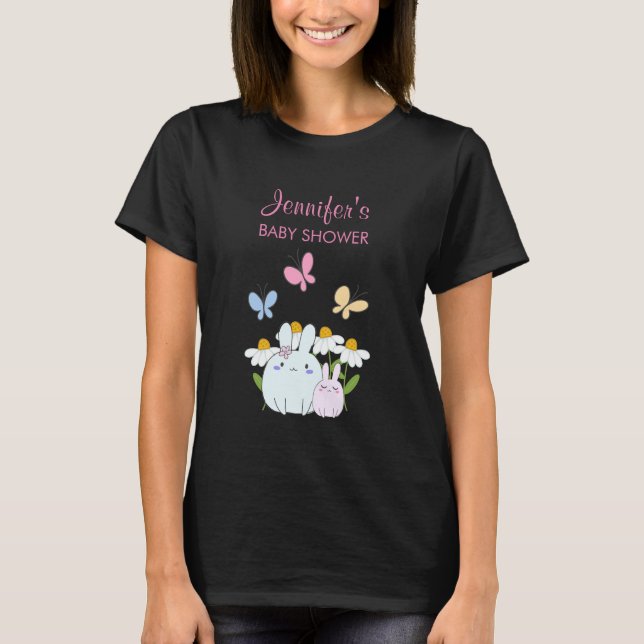 Bunnies, Butterflies & Daisies Baby Shower T-Shirt (Front)